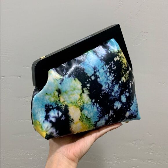 Handmade Genuine Premium Leather Tie-dye Printed Wooden Frame Bag with 2 Chains - Picture 8 of 16